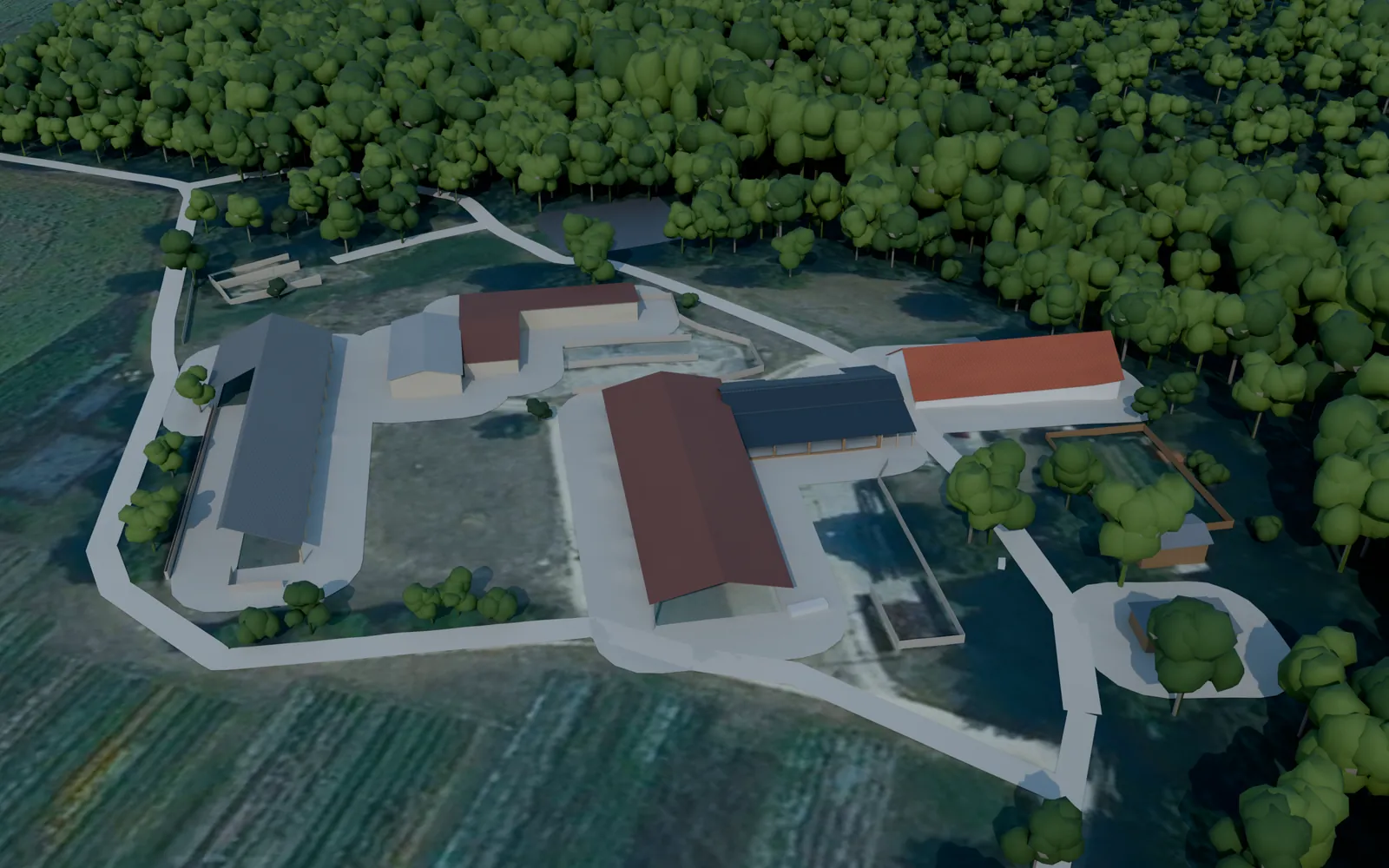 Vue aérienne de la ferme de La Vauzelle : bâtiments, chemins, cultures et forêt