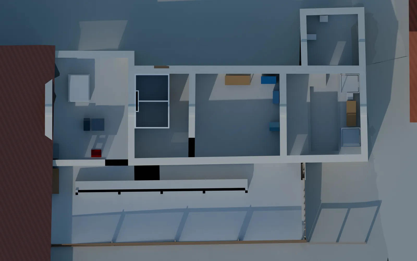 Vue de dessus du bâtiment sans toiture, avec les machines et le mobilier