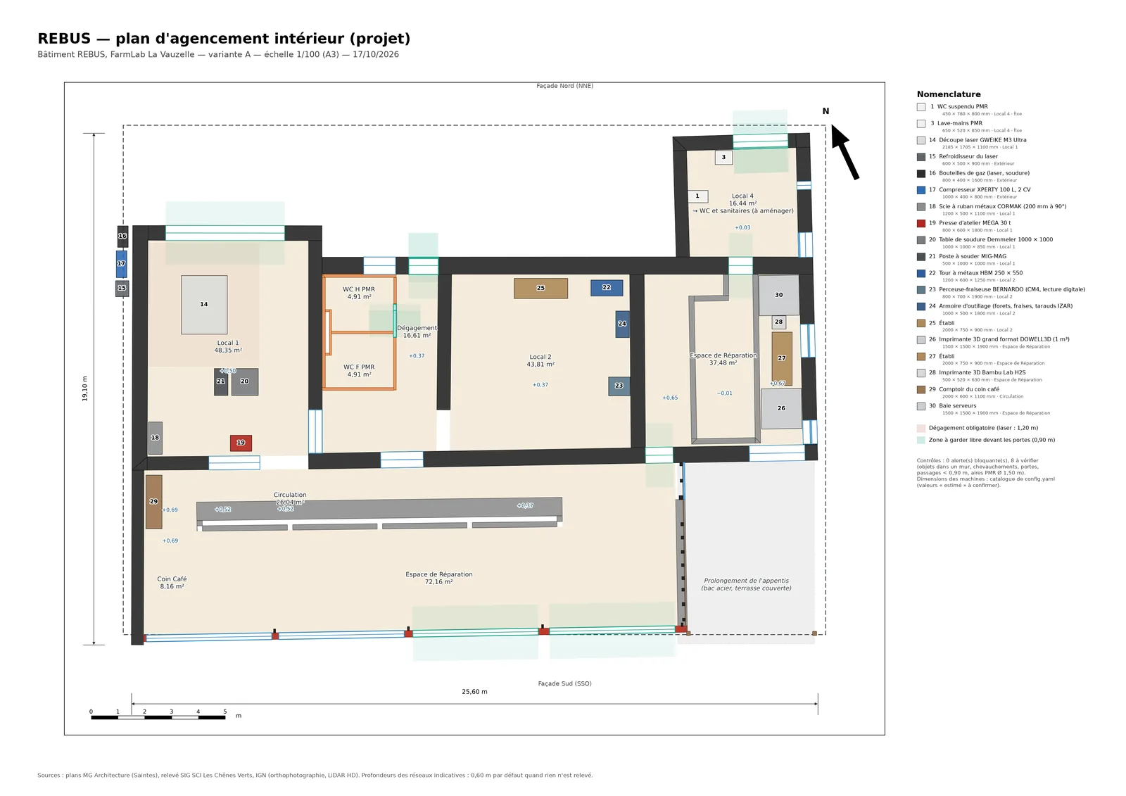 Plan d'agencement intérieur : machines et mobilier numérotés, nomenclature