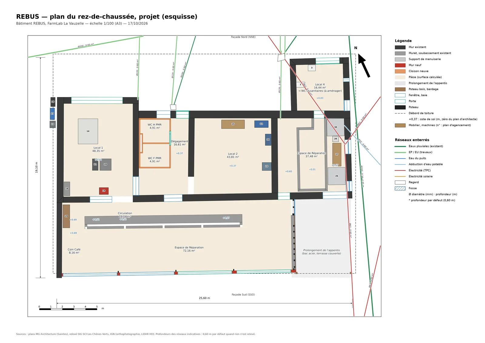 Plan du rez-de-chaussée du projet REBUS avec les pièces et leurs surfaces